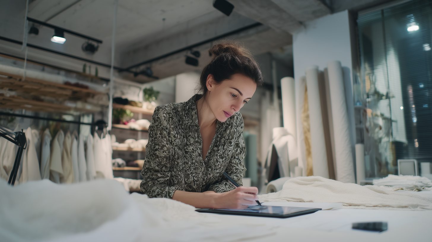 Designer têxtil trabalhando em ateliê de uniformes personalizados